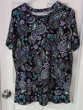Woman Within Black Paisley Short Sleeve Tee with Purple & Teal Accents